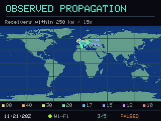 DX Pilot’s observed propagation map with band colours, day and night
